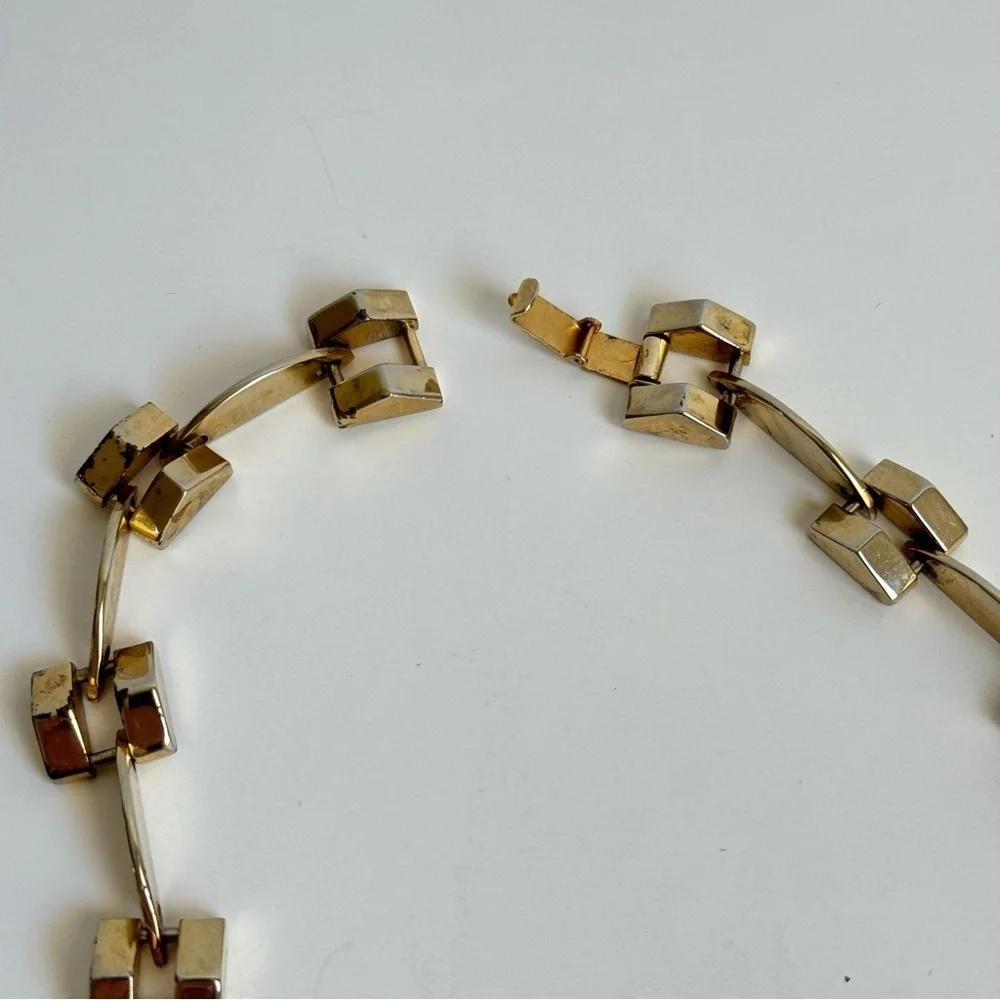 Vintage Modernist Necklace Gold Tone Retro Geometric 60s Collar Bib Runway Piece